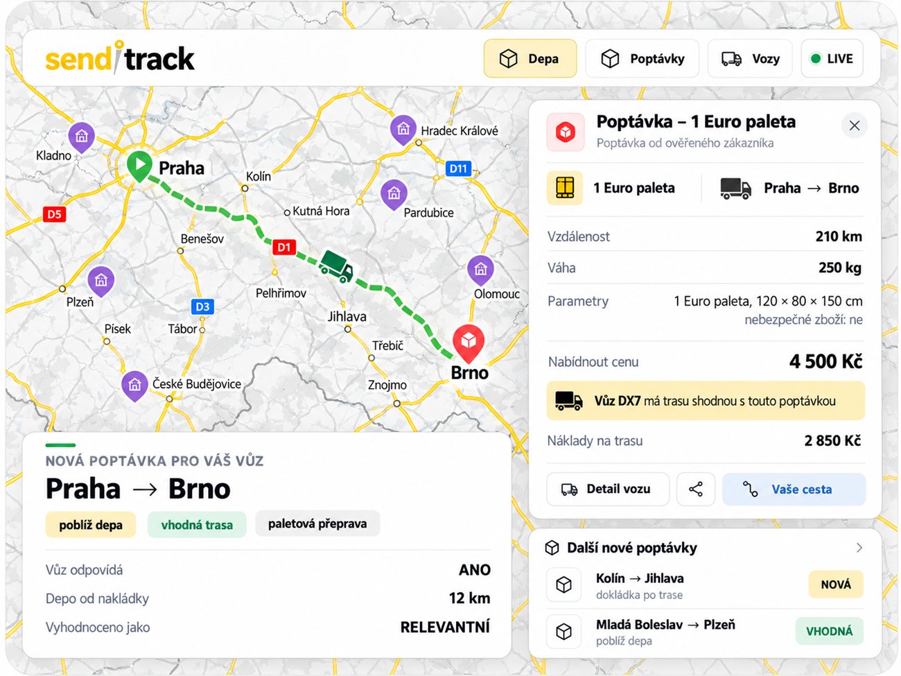 Senditrack mapa – schválený náhled s poptávkou, trasou, vozy a depy