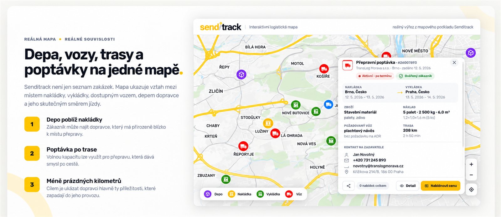Senditrack – depa, vozy, trasy a přepravní poptávky na jedné mapě