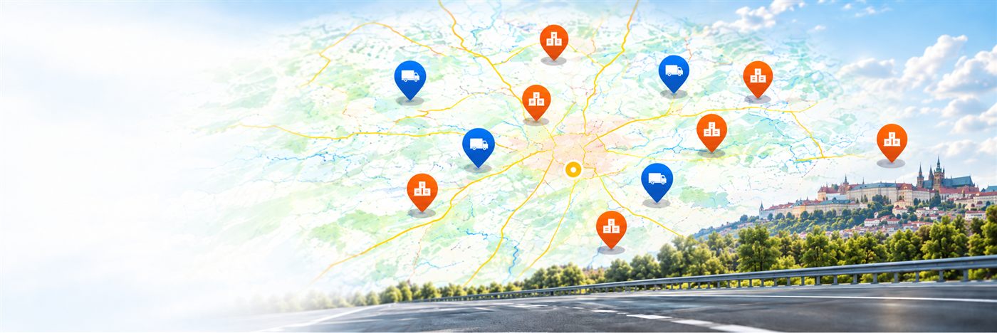 Interaktivní logistická mapa Senditrack s volnými vozy a dostupnými náklady